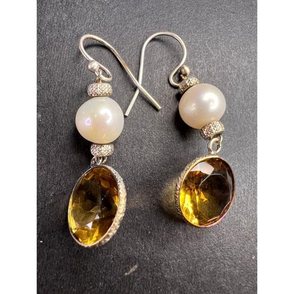 Citrine and pearl sterling silver dangle earrings - Picture 6 of 16